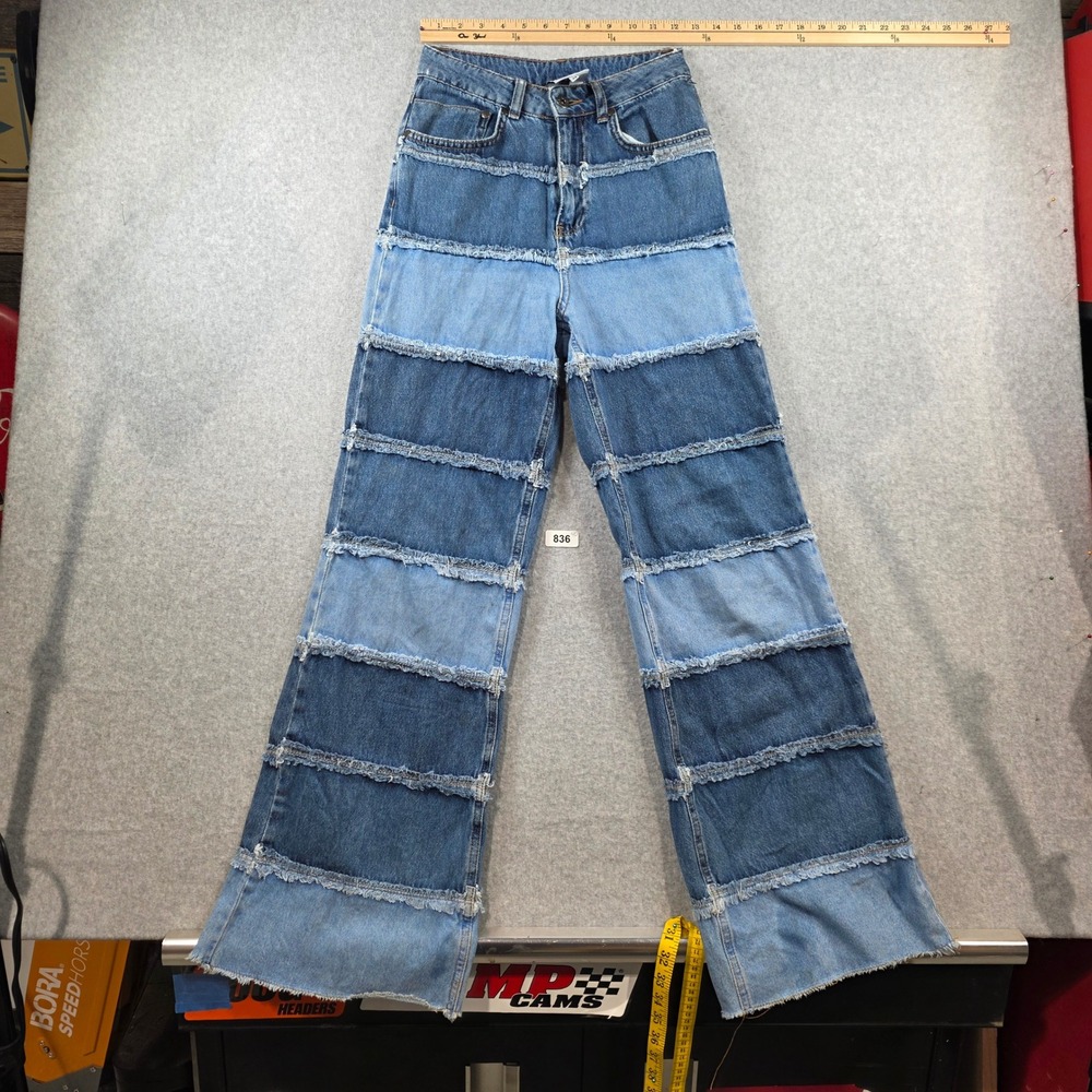 Ragged Jeans Womens 24 Patchwork Wide Leg Frayed‎ Tiered Denim Blue High Rise